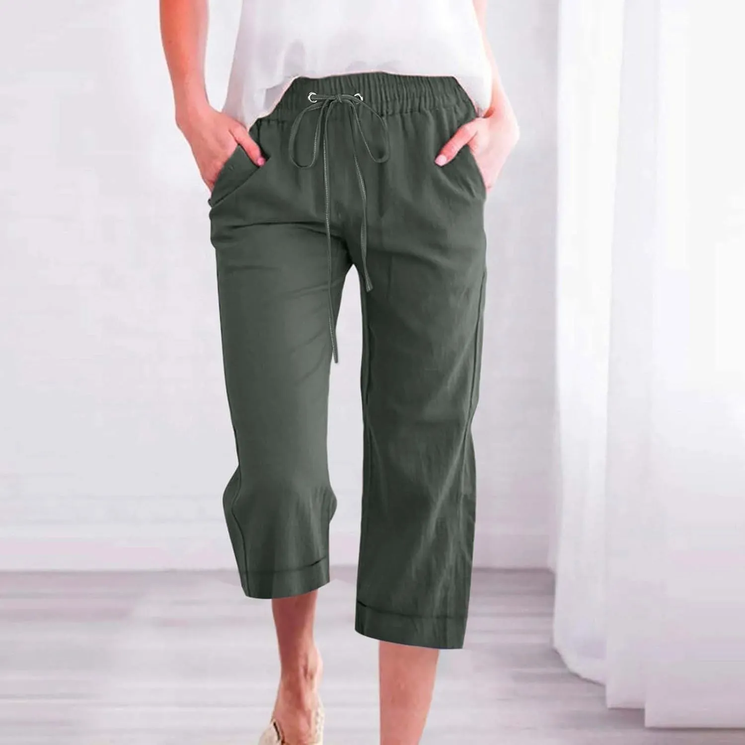 Women 3/4 Length Cotton Linen Pants Trendy Hiking Jogger Athletic Sweatpants High Waisted Straight Leg Casual Trouser