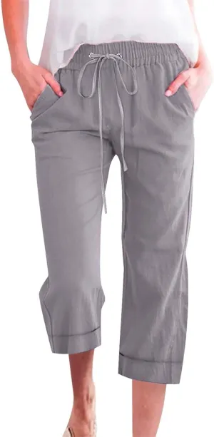 Women 3/4 Length Cotton Linen Pants Trendy Hiking Jogger Athletic Sweatpants High Waisted Straight Leg Casual Trouser