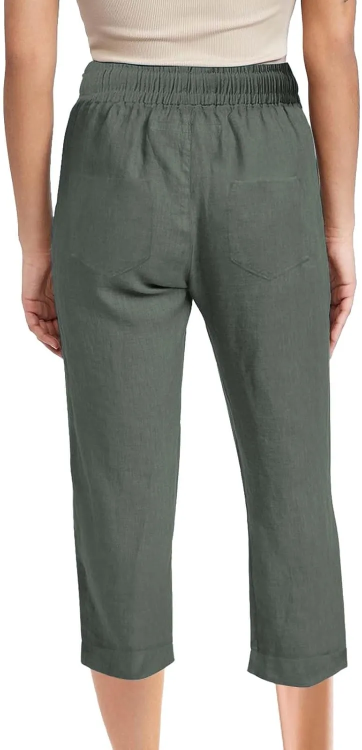 Women 3/4 Length Cotton Linen Pants Trendy Hiking Jogger Athletic Sweatpants High Waisted Straight Leg Casual Trouser