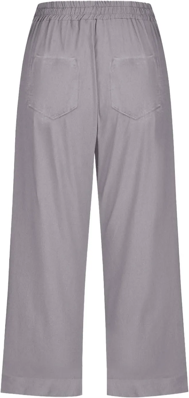Women 3/4 Length Cotton Linen Pants Trendy Hiking Jogger Athletic Sweatpants High Waisted Straight Leg Casual Trouser