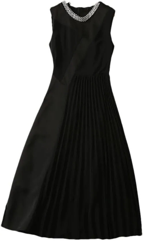 Women Beaded O Neck Sleeveless Black Midi Dresses Pleats Patchwork Party Dress