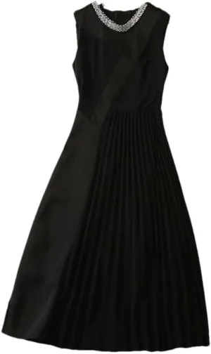 Women Beaded O Neck Sleeveless Black Midi Dresses Pleats Patchwork Party Dress