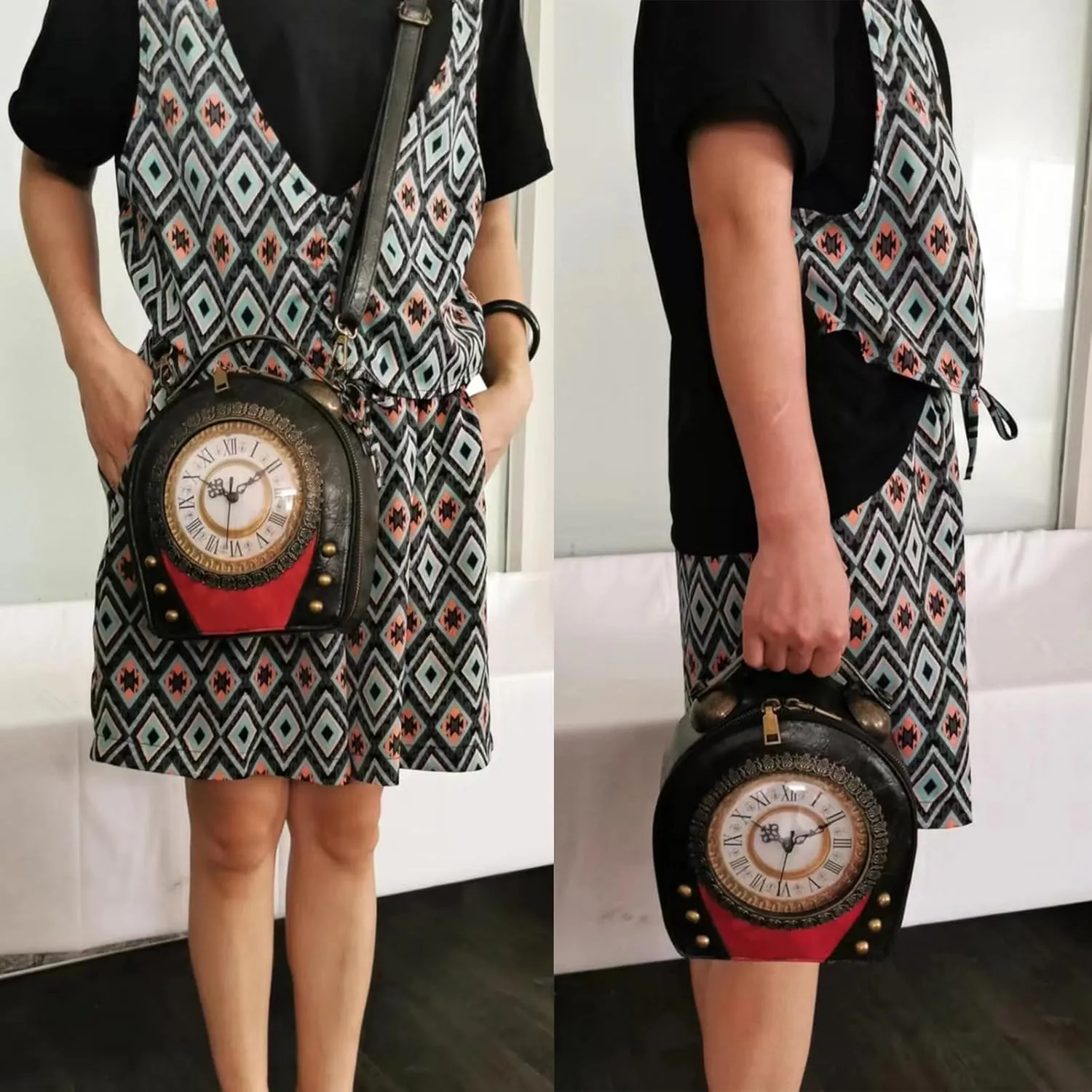 Women Classic Retro Clock Shaped Crossbody Shoulder Bag Handbag PVC Unique Novelty Clock Purse