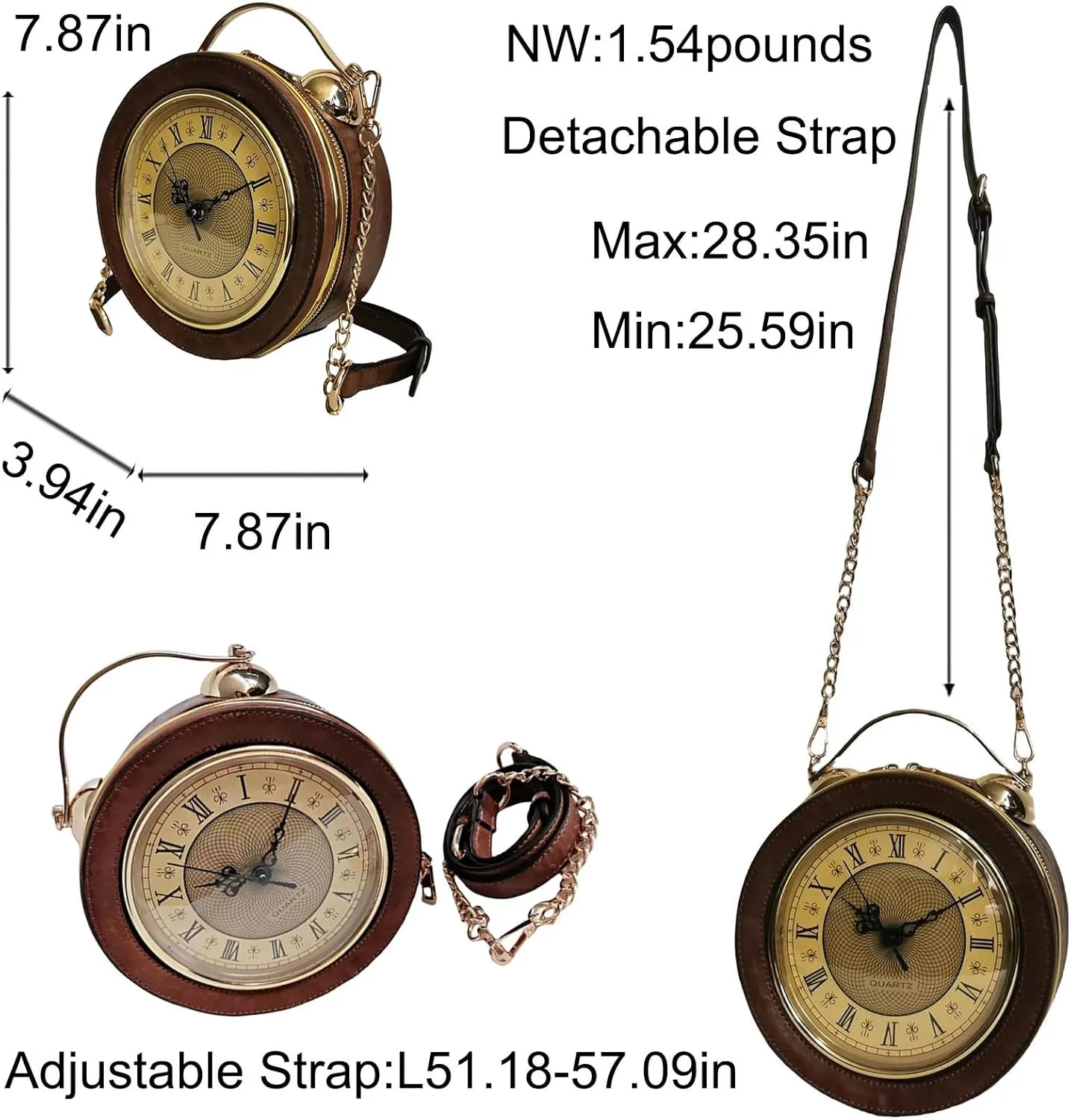 Women Classic Retro Clock Shaped Crossbody Shoulder Bag Handbag PVC Unique Novelty Clock Purse