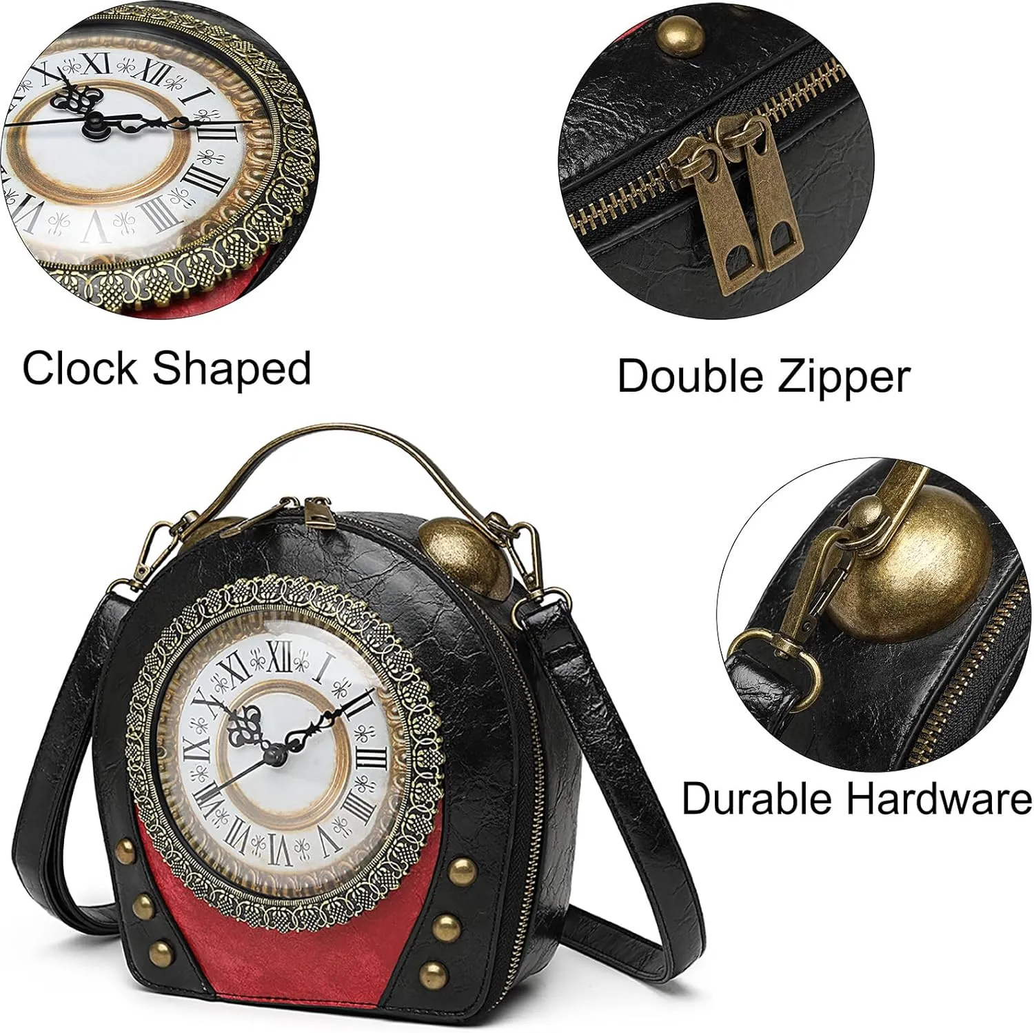 Women Classic Retro Clock Shaped Crossbody Shoulder Bag Handbag PVC Unique Novelty Clock Purse