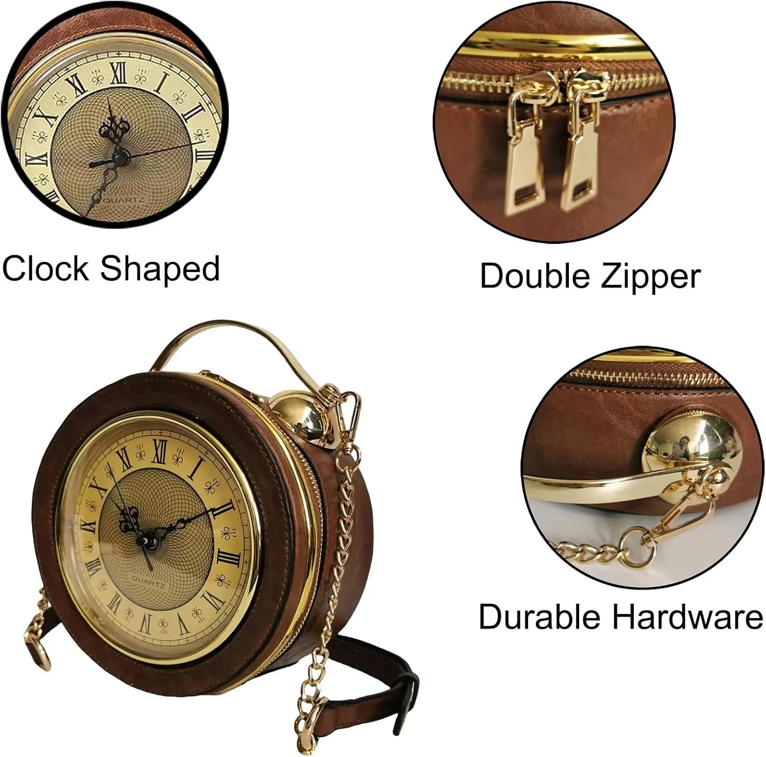 Women Classic Retro Clock Shaped Crossbody Shoulder Bag Handbag PVC Unique Novelty Clock Purse