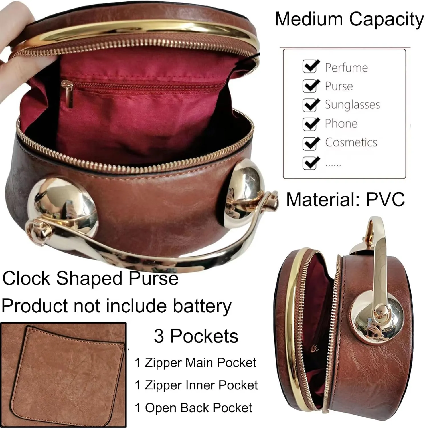 Women Classic Retro Clock Shaped Crossbody Shoulder Bag Handbag PVC Unique Novelty Clock Purse