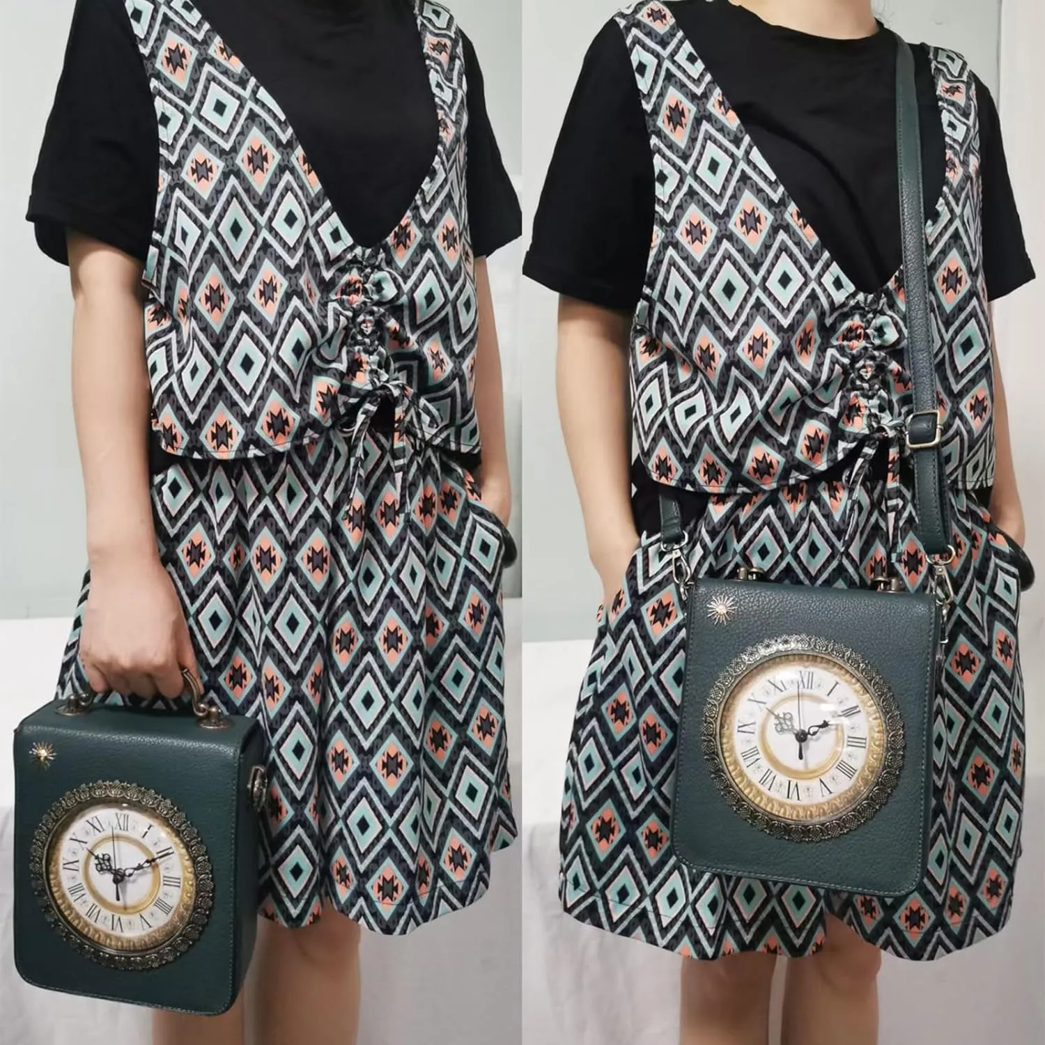 Women Classic Retro Clock Shaped Crossbody Shoulder Bag Handbag PVC Unique Novelty Clock Purse