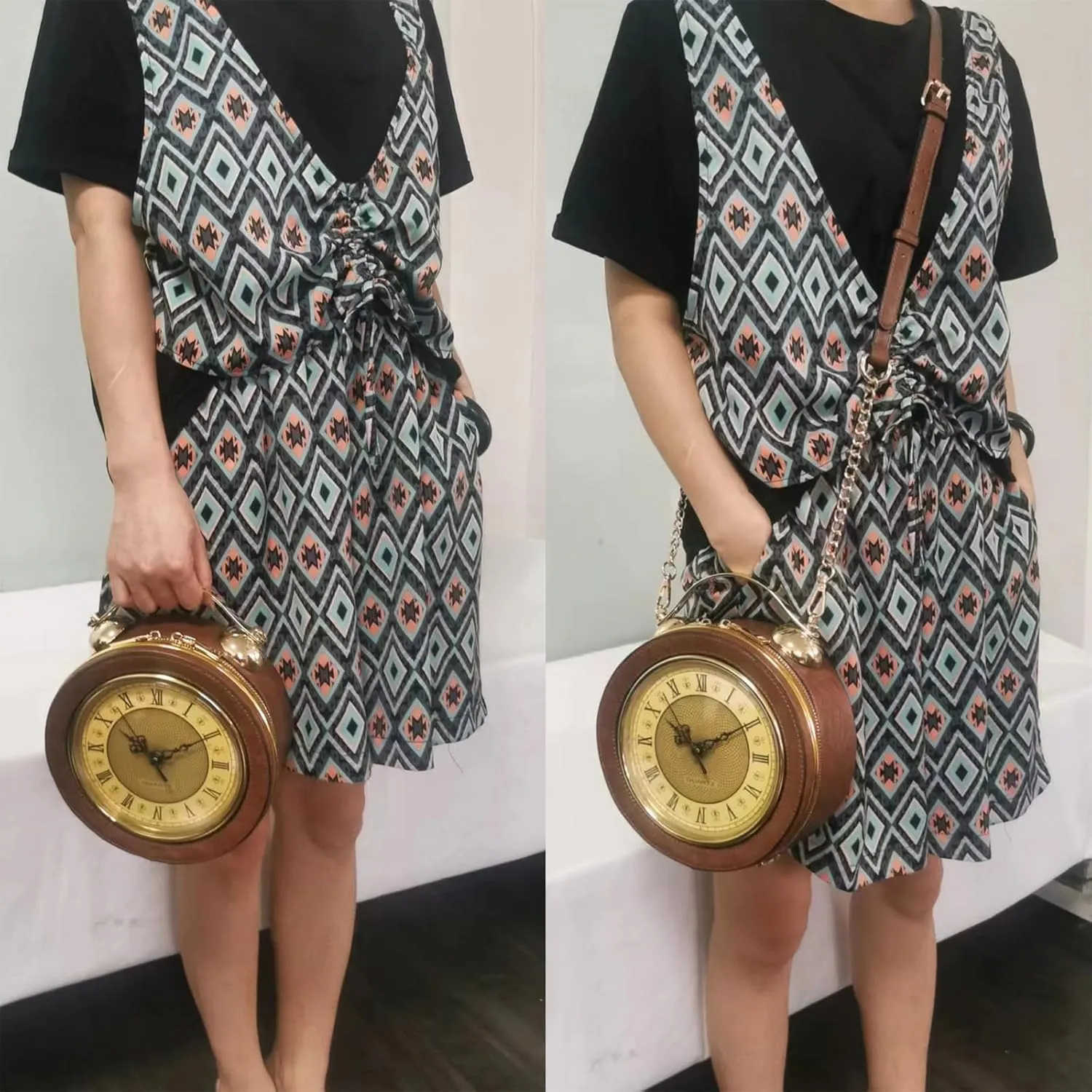 Women Classic Retro Clock Shaped Crossbody Shoulder Bag Handbag PVC Unique Novelty Clock Purse