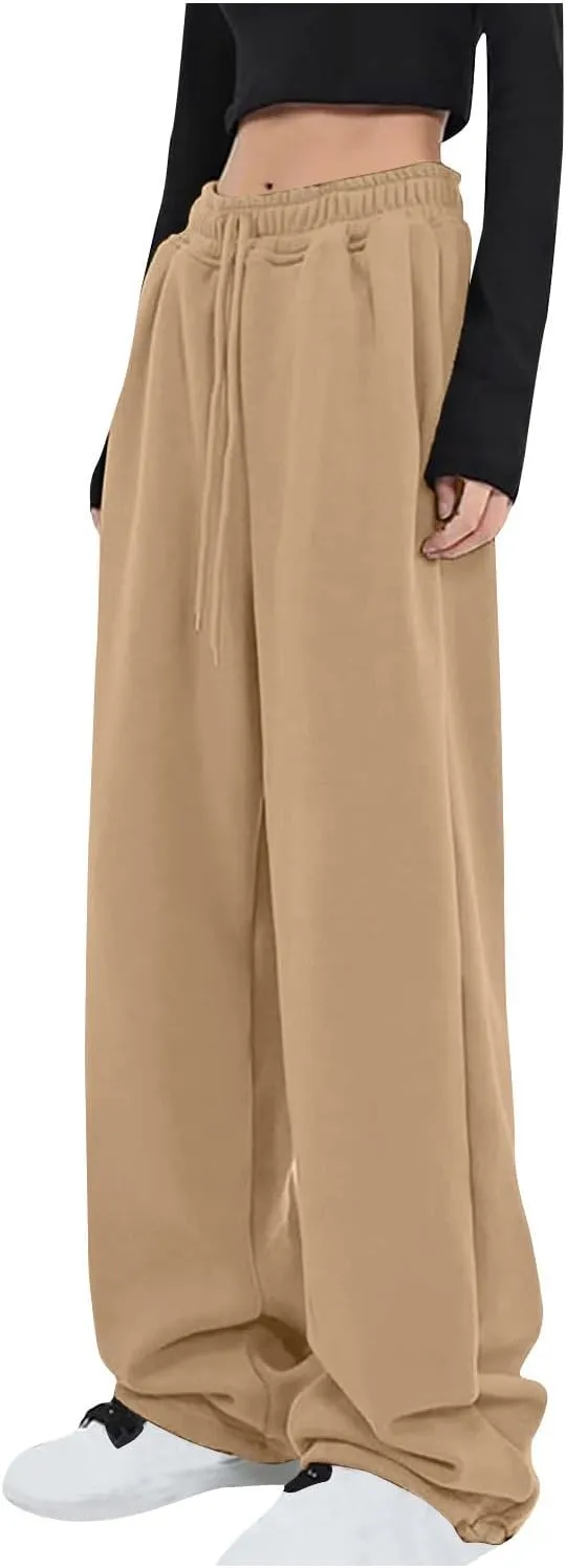 Women Drawstring Elastic High Waist Sweatpants Baggy Straight Wide Leg Joggers Loose Comfy Sweatpants