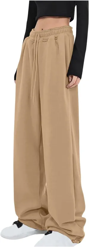 Women Drawstring Elastic High Waist Sweatpants Baggy Straight Wide Leg Joggers Loose Comfy Sweatpants