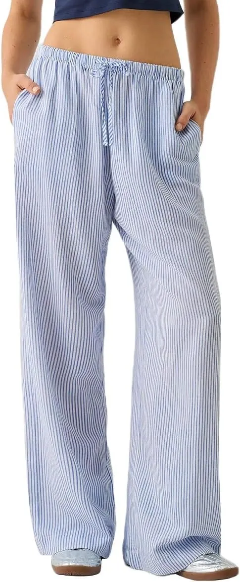 Women Drawstring Striped Pants High Waist Wide Leg Lounge Pants Casual Relaxed Fit Pajama Bottoms Y2k Streetwear