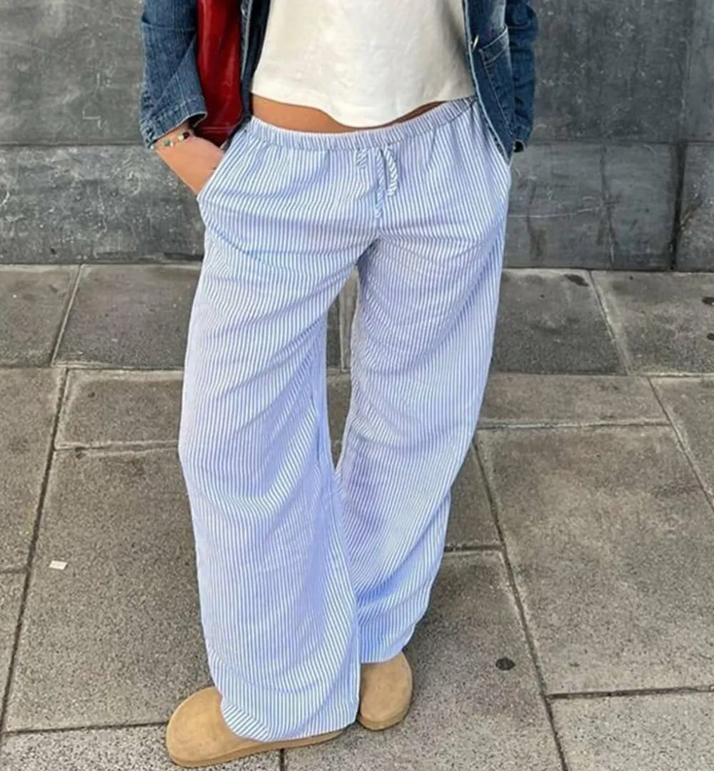 Women Drawstring Striped Pants High Waist Wide Leg Lounge Pants Casual Relaxed Fit Pajama Bottoms Y2k Streetwear