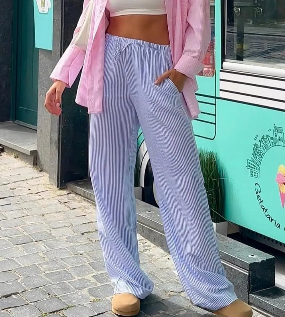 Women Drawstring Striped Pants High Waist Wide Leg Lounge Pants Casual Relaxed Fit Pajama Bottoms Y2k Streetwear