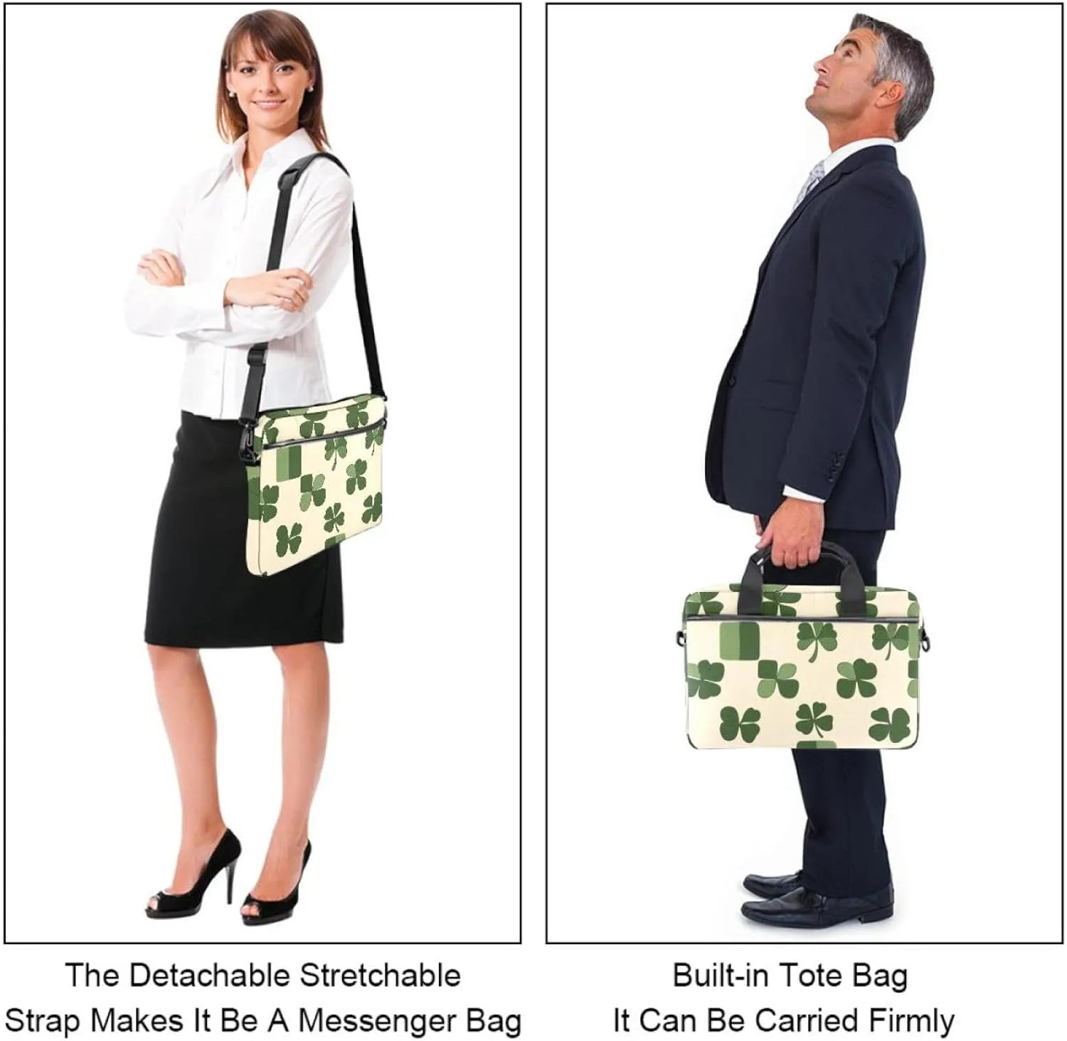 Women Laptop Bag St Patrick Day Nature Plants Four Leaf Clovers Laptop Computer Bag Work Tote Bag Shoulder Messenger Bag