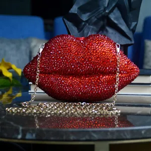 Women Leather Lips-Shaped Evening Clutch Purses Crossbody Bags Banquet Handbag Rubber Drill