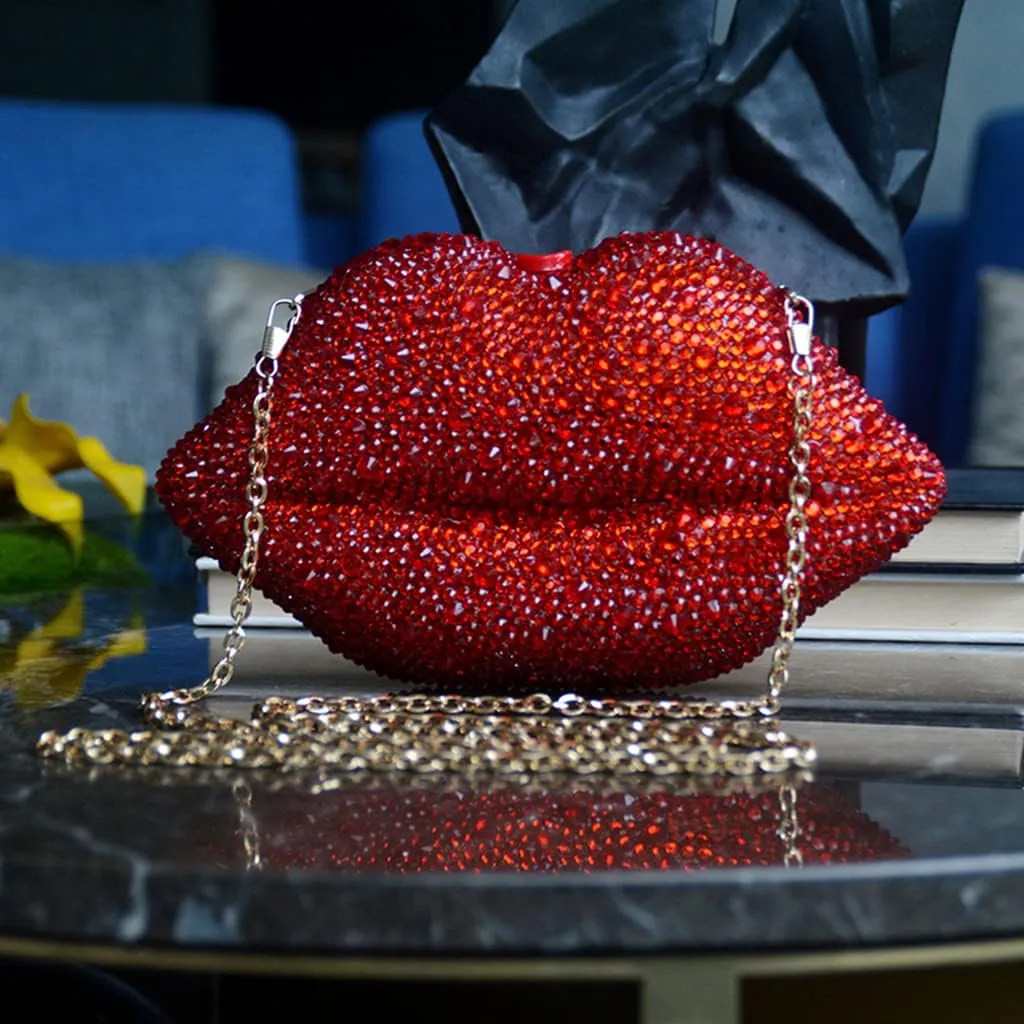 Women Leather Lips-Shaped Evening Clutch Purses Crossbody Bags Banquet Handbag Rubber Drill