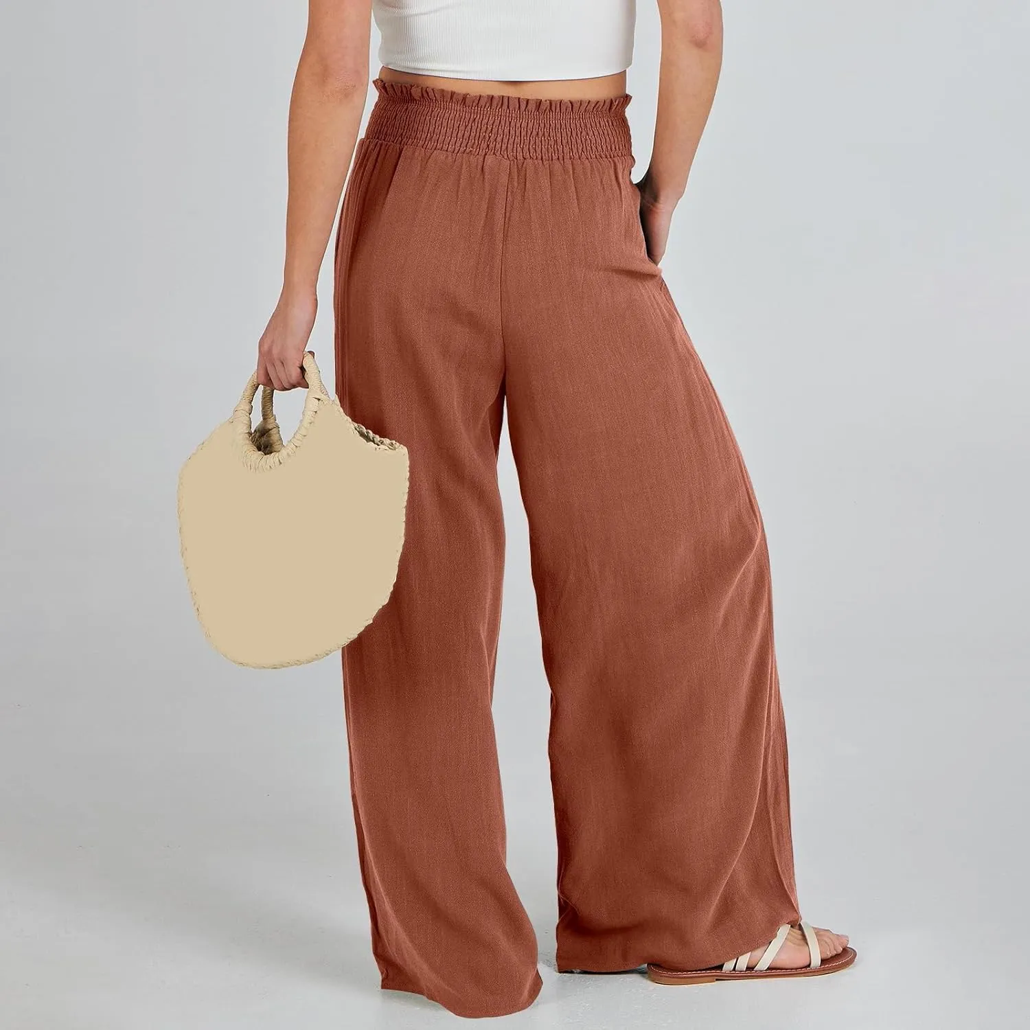 Women Linen Blend Summer Split Flowy Palazzo Lounge Pants Elastic Waist Ankle Length Slim-Fit Palazzo Lounge
