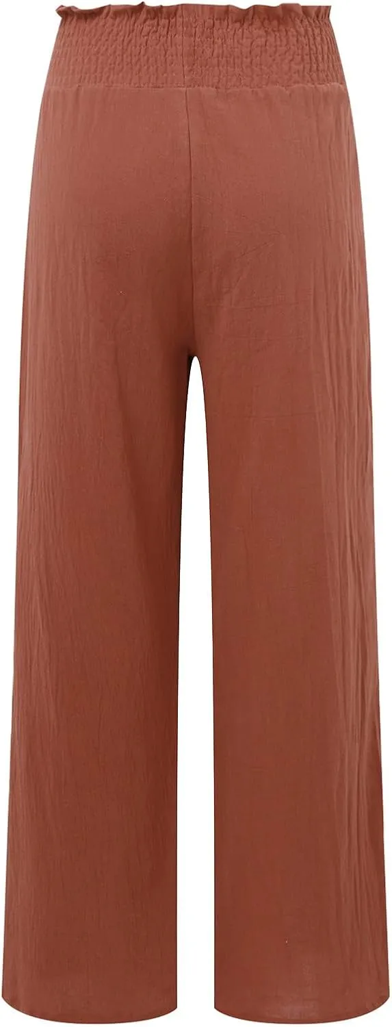 Women Linen Blend Summer Split Flowy Palazzo Lounge Pants Elastic Waist Ankle Length Slim-Fit Palazzo Lounge