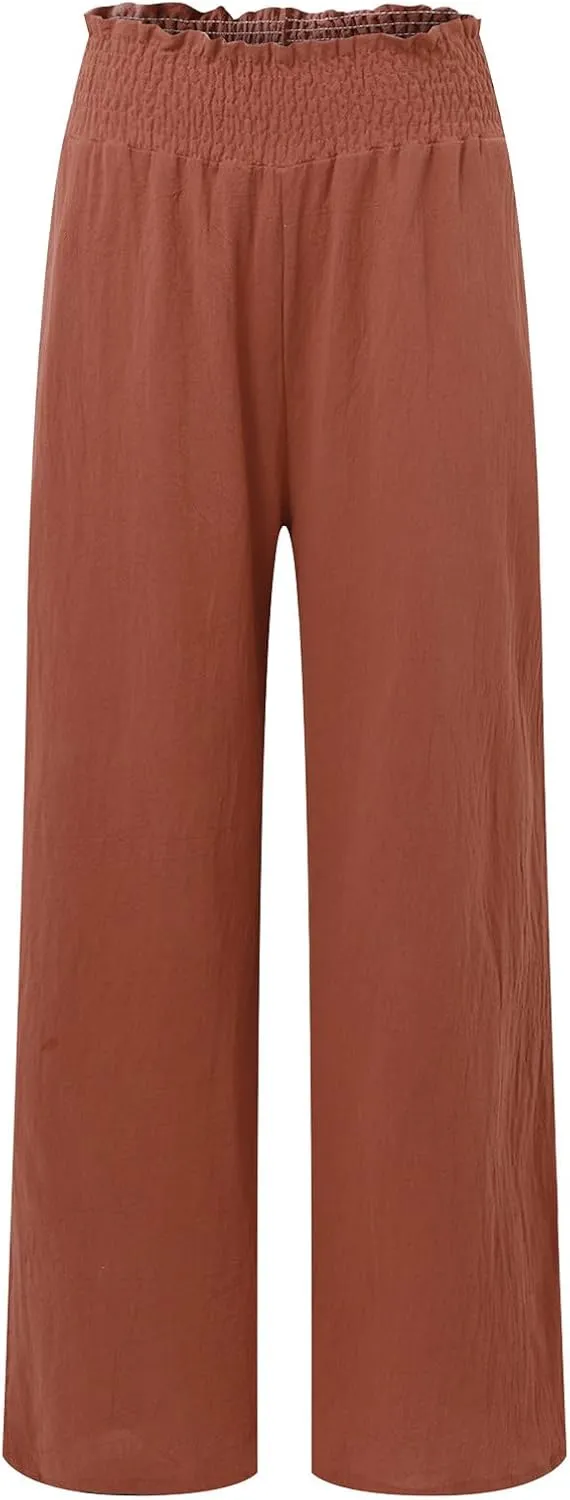 Women Linen Blend Summer Split Flowy Palazzo Lounge Pants Elastic Waist Ankle Length Slim-Fit Palazzo Lounge