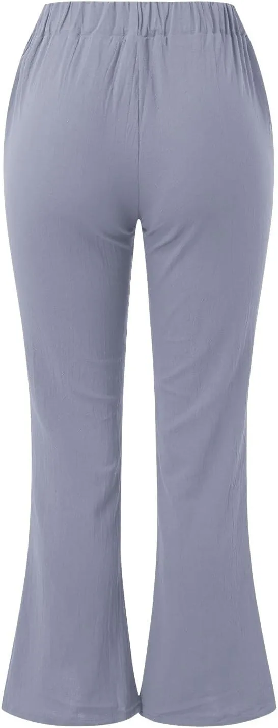 Women Linen Blend Summer Striped Palazzo Pants Elastic Waist Wide Leg Loose Fit Trouser Vacation