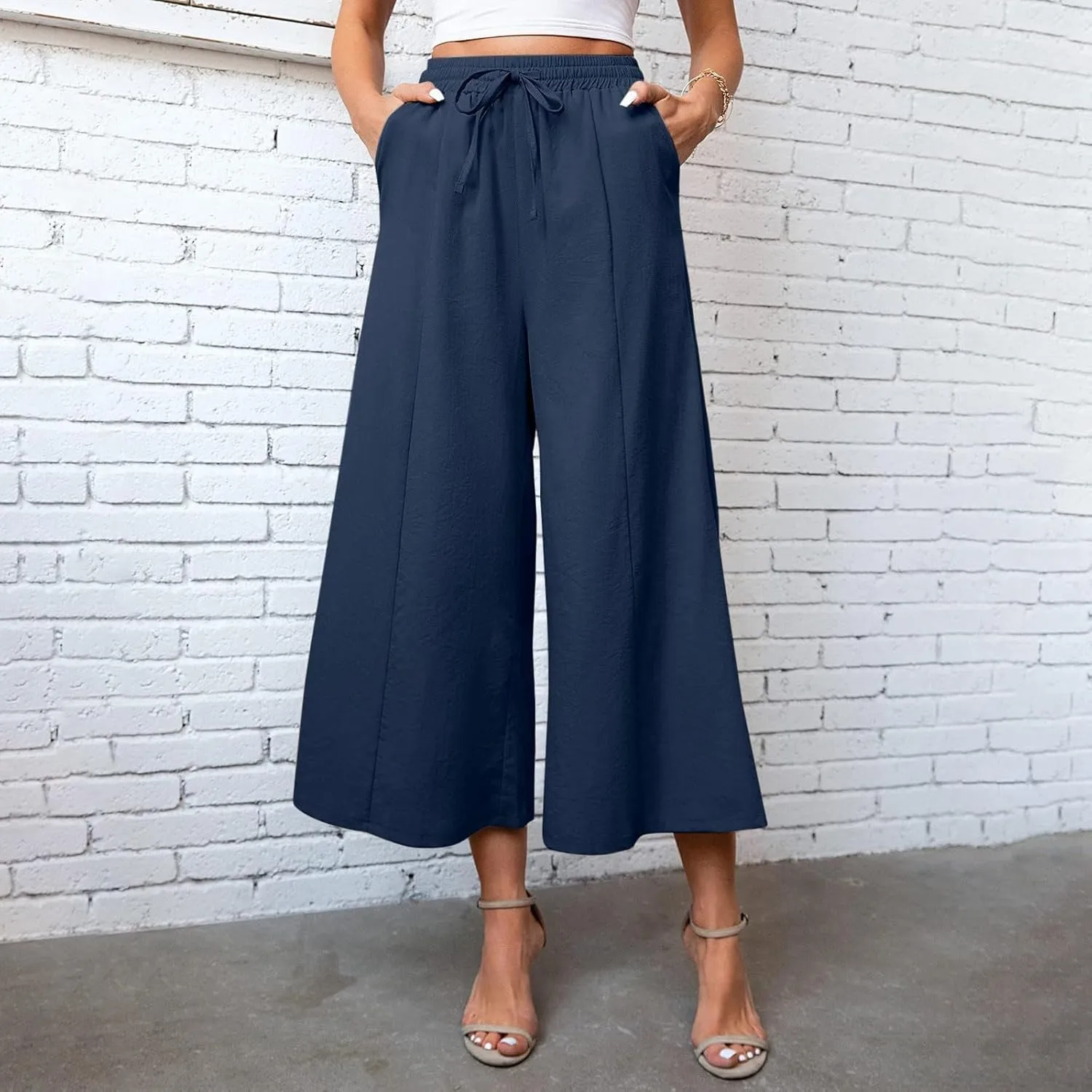 Women Linen Blend Summer Striped Palazzo Pants Elastic Waist Wide Leg Loose Fit Trouser Vacation