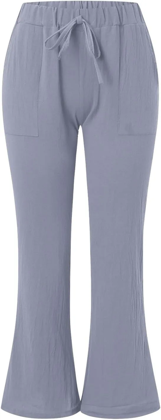 Women Linen Blend Summer Striped Palazzo Pants Elastic Waist Wide Leg Loose Fit Trouser Vacation