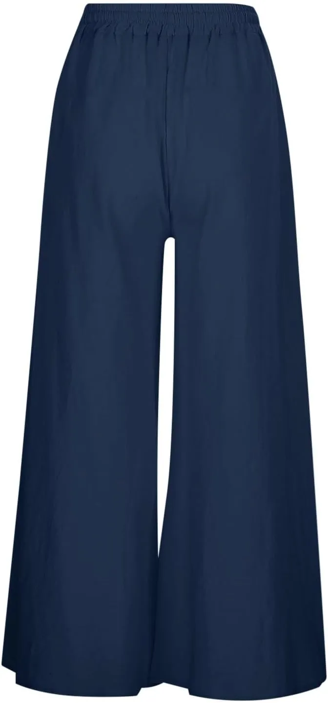 Women Linen Blend Summer Striped Palazzo Pants Elastic Waist Wide Leg Loose Fit Trouser Vacation