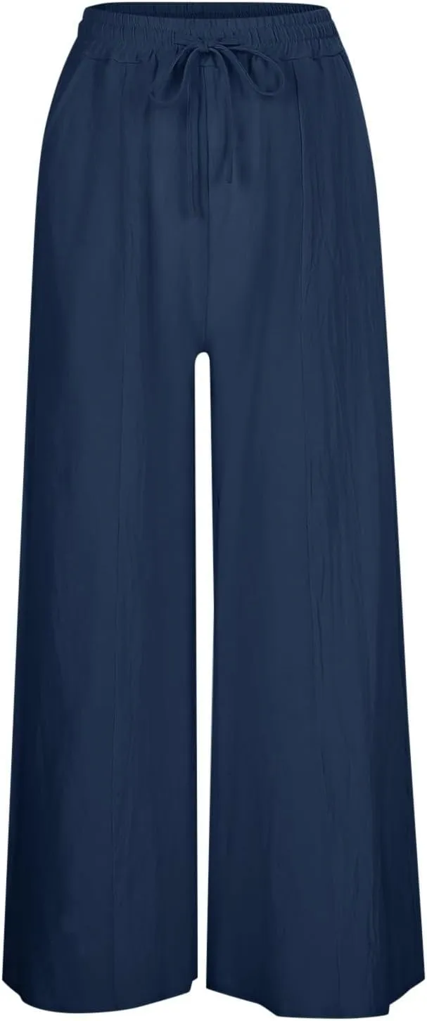 Women Linen Blend Summer Striped Palazzo Pants Elastic Waist Wide Leg Loose Fit Trouser Vacation