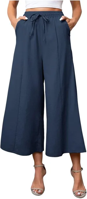 Women Linen Blend Summer Striped Palazzo Pants Elastic Waist Wide Leg Loose Fit Trouser Vacation