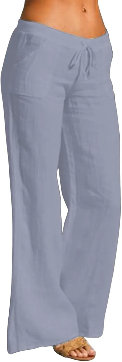 Women Linen Blend Summer Striped Palazzo Pants Elastic Waist Wide Leg Loose Fit Trouser Vacation
