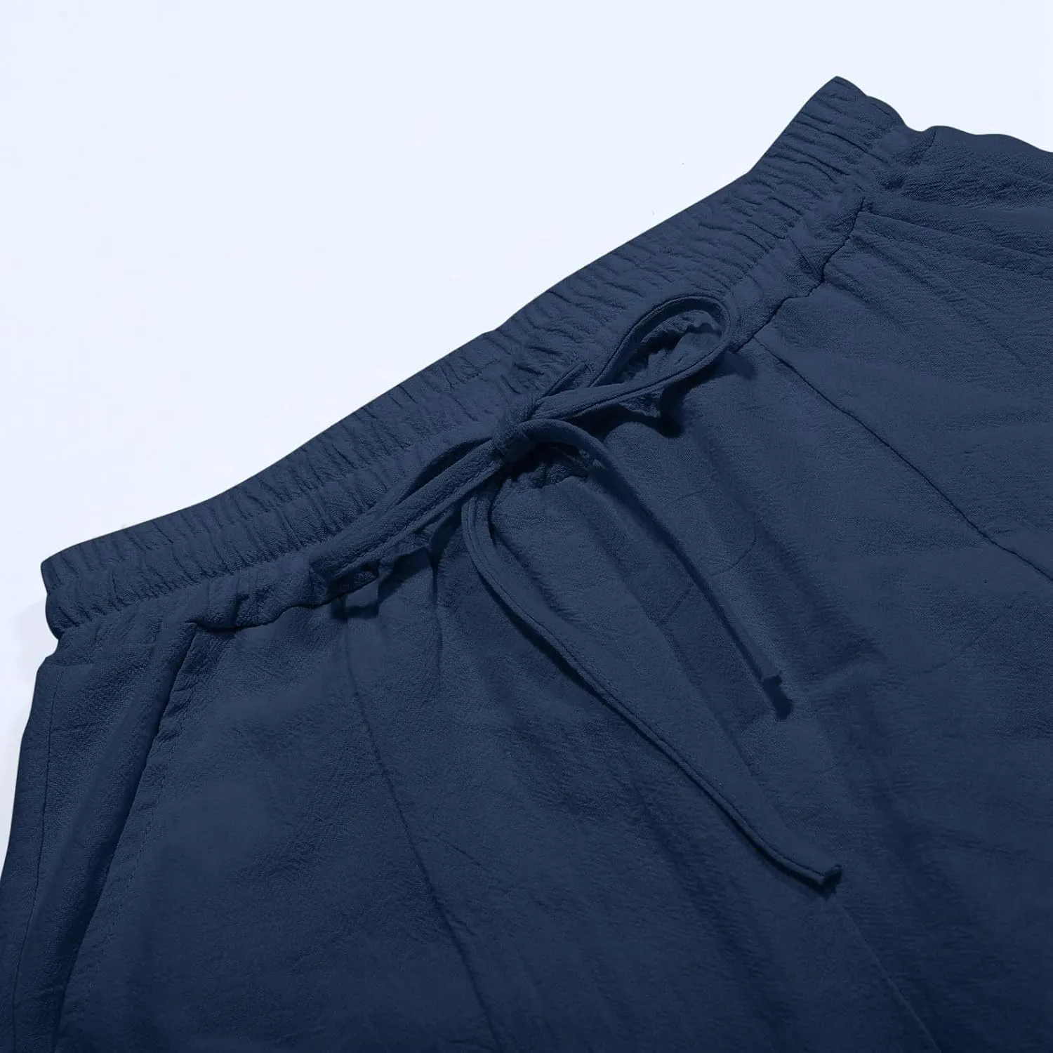 Women Linen Blend Summer Striped Palazzo Pants Elastic Waist Wide Leg Loose Fit Trouser Vacation