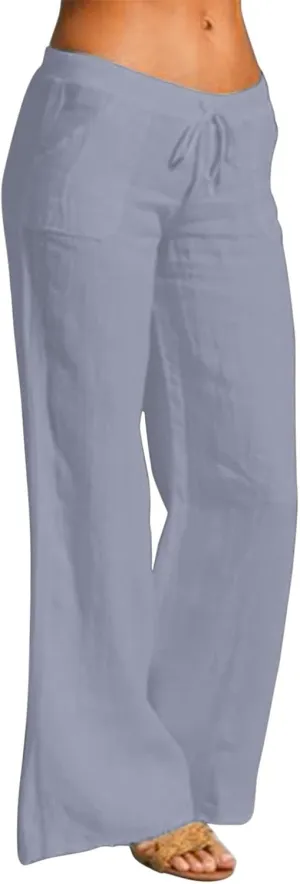 Women Linen Blend Summer Striped Palazzo Pants Elastic Waist Wide Leg Loose Fit Trouser Vacation