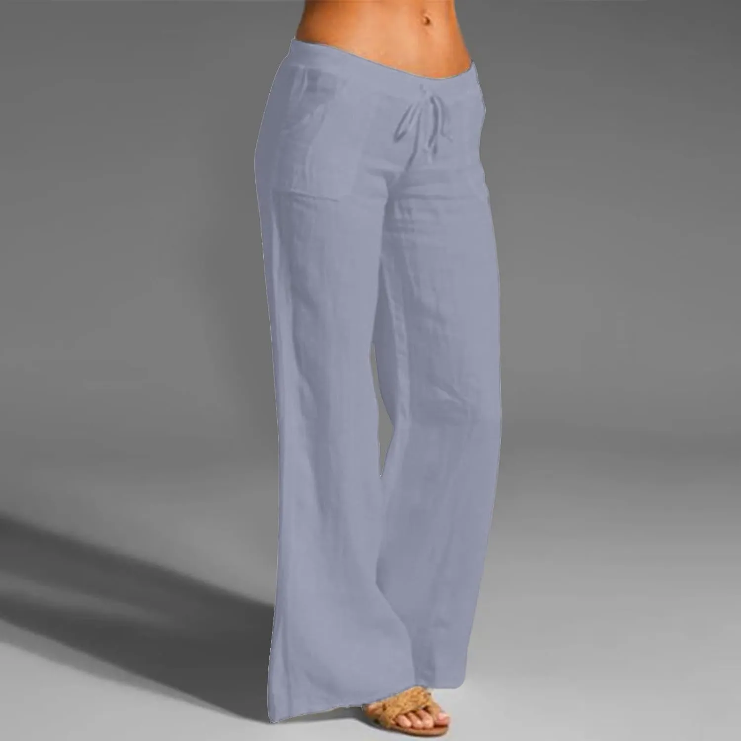 Women Linen Blend Summer Striped Palazzo Pants Elastic Waist Wide Leg Loose Fit Trouser Vacation