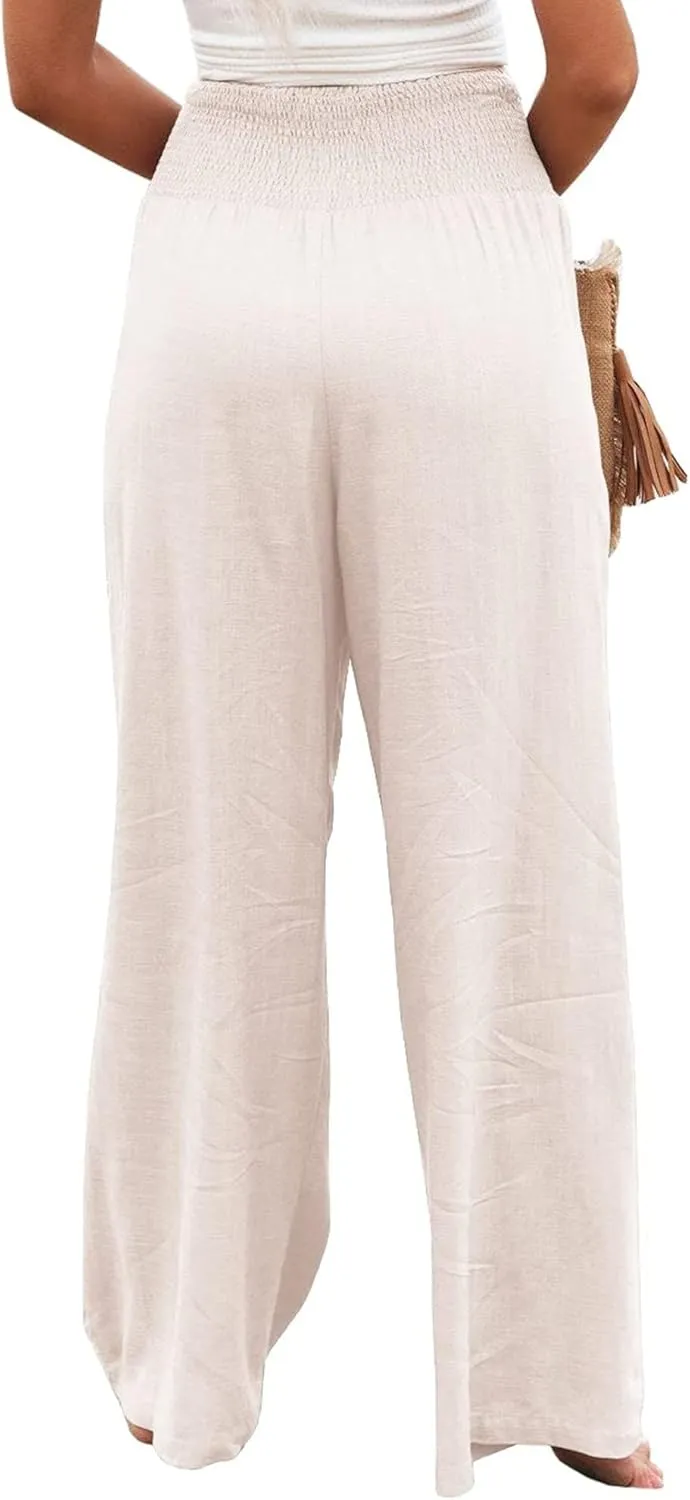 Women Linen Palazzo Pants High Waisted Wide Leg Pants Casual Lounge Pant 2025 Summer Beach Vacation Outfits with Pocket