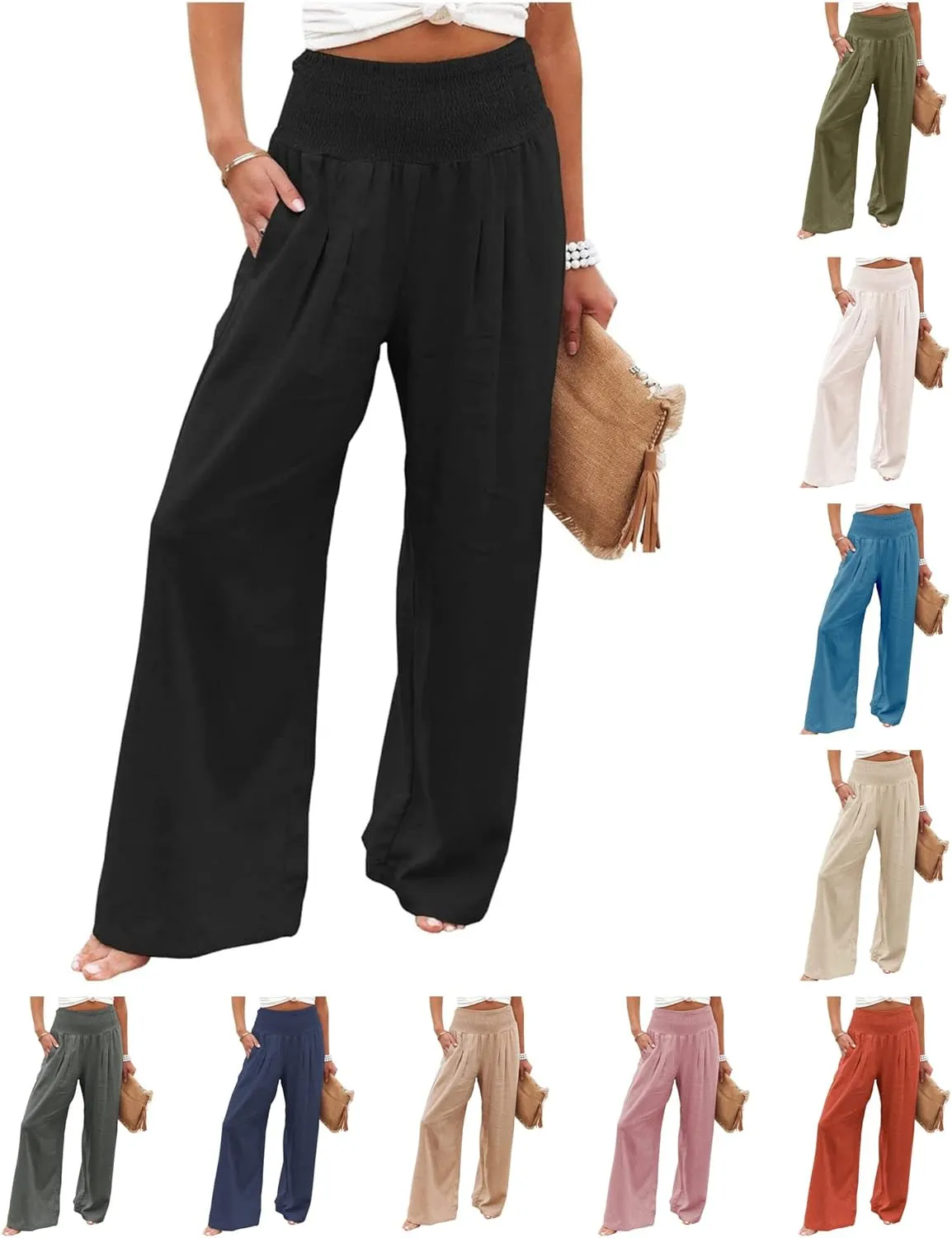 Women Linen Palazzo Pants High Waisted Wide Leg Pants Casual Lounge Pant 2025 Summer Beach Vacation Outfits with Pocket