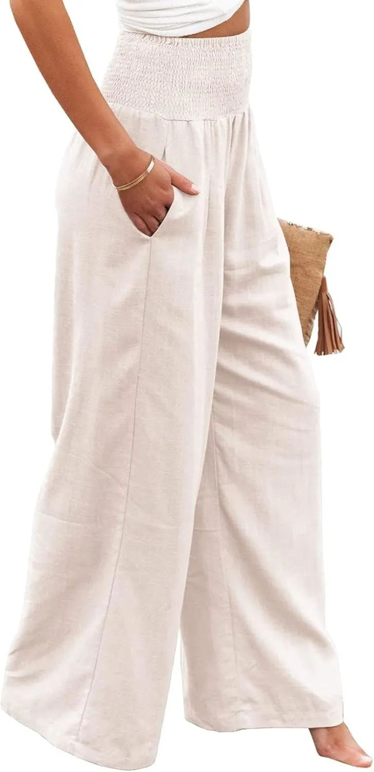 Women Linen Palazzo Pants High Waisted Wide Leg Pants Casual Lounge Pant 2025 Summer Beach Vacation Outfits with Pocket