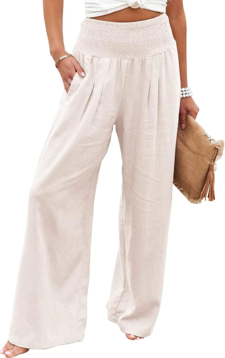 Women Linen Palazzo Pants High Waisted Wide Leg Pants Casual Lounge Pant 2025 Summer Beach Vacation Outfits with Pocket