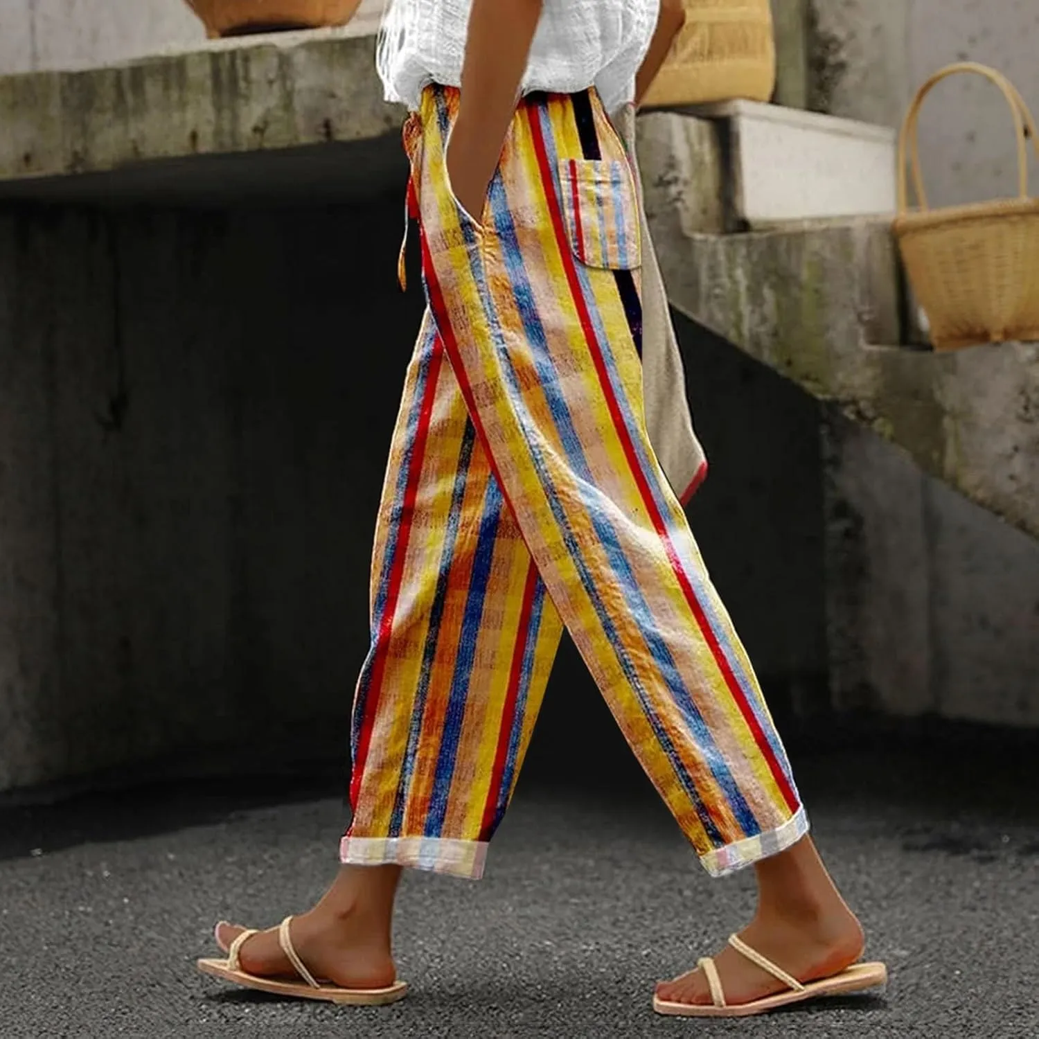 Women Linen Pants Waist Pants Drawstring Capri Pants with Pockets Wide Leg Cropped Elastic High Waist Comfy Loose
