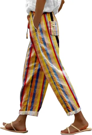 Women Linen Pants Waist Pants Drawstring Capri Pants with Pockets Wide Leg Cropped Elastic High Waist Comfy Loose