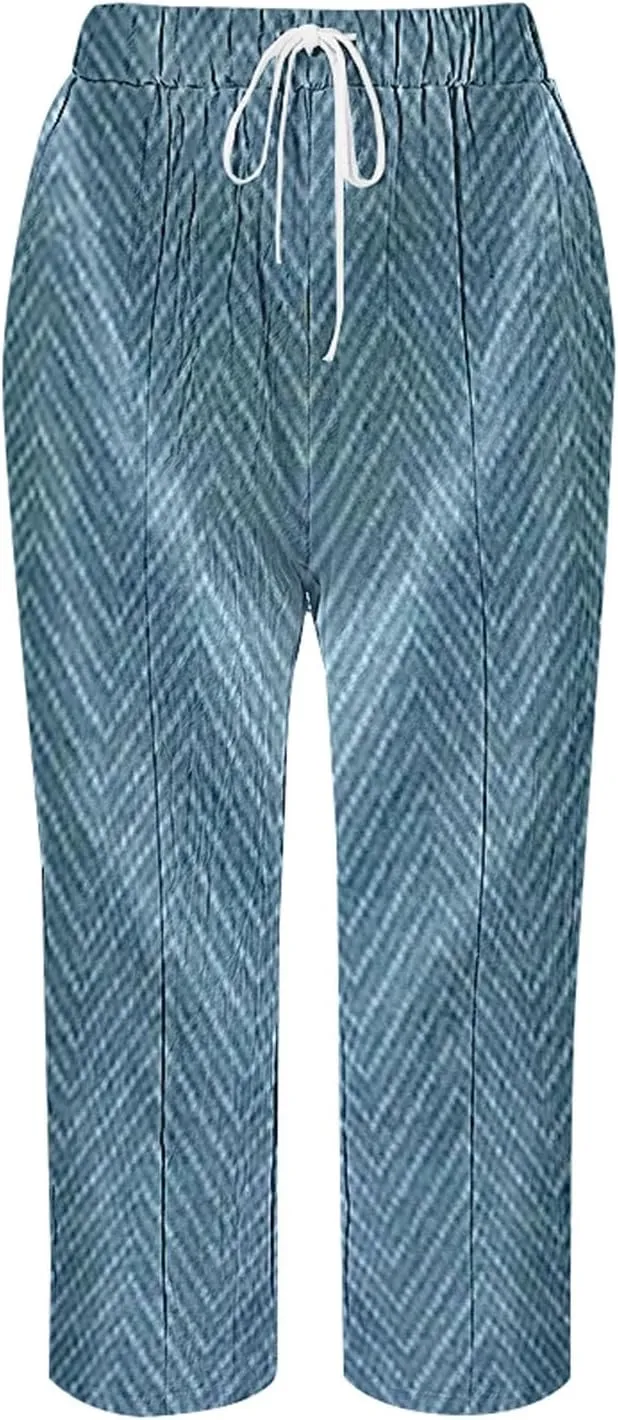 Women Linen Pants Waist Pants Drawstring Capri Pants with Pockets Wide Leg Cropped Pants for Women Lightweight Loose