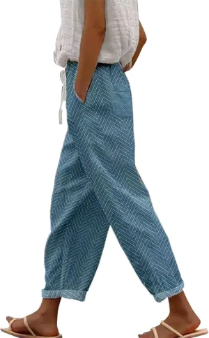 Women Linen Pants Waist Pants Drawstring Capri Pants with Pockets Wide Leg Cropped Pants for Women Lightweight Loose