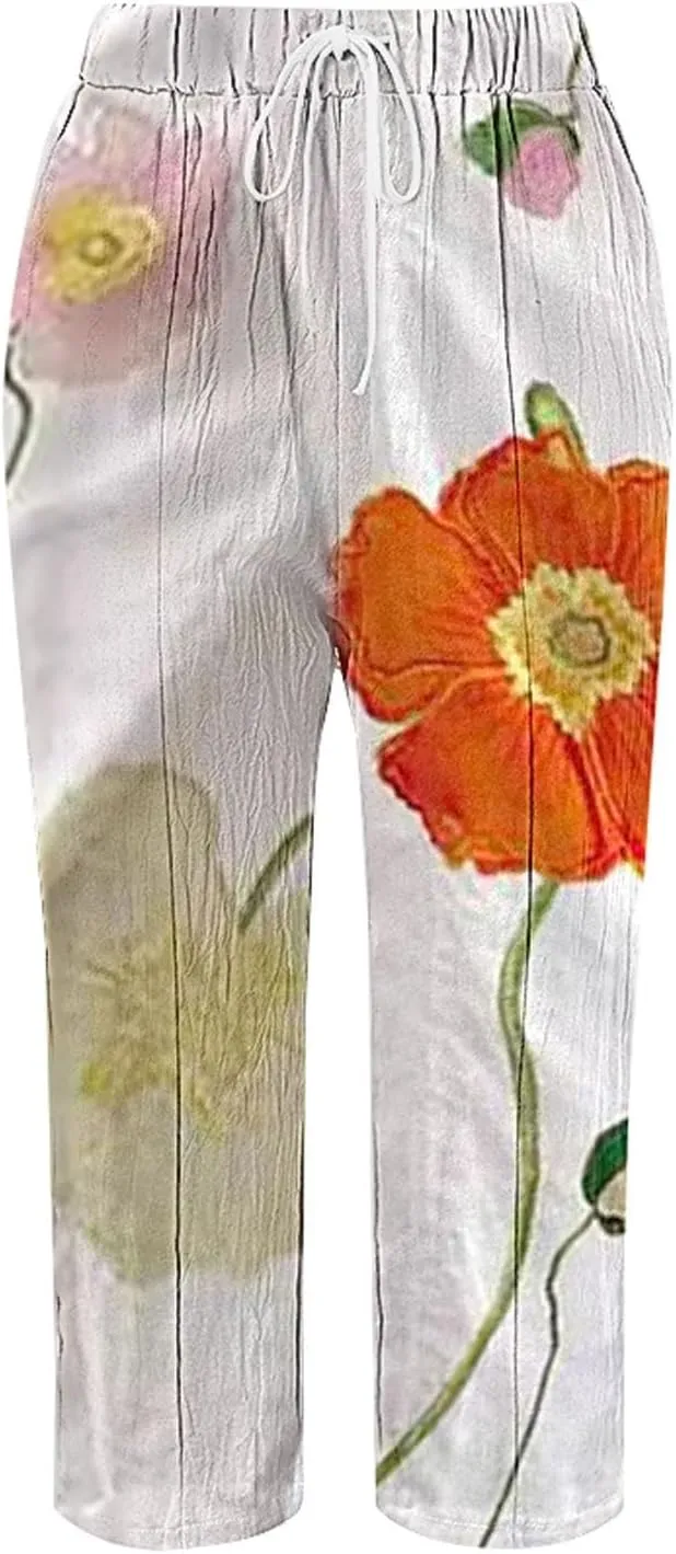 Women Linen Pants Waist Pants Drawstring Capri Pants with Pockets Wide Leg Cropped Pants for Women Lightweight Loose