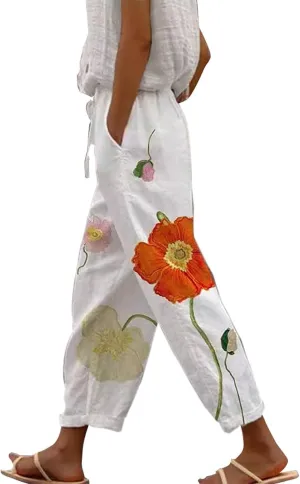 Women Linen Pants Waist Pants Drawstring Capri Pants with Pockets Wide Leg Cropped Pants for Women Lightweight Loose