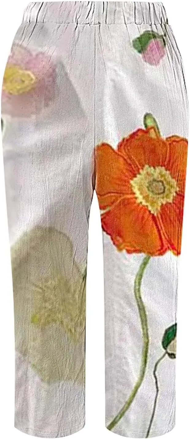 Women Linen Pants Waist Pants Drawstring Capri Pants with Pockets Wide Leg Cropped Pants for Women Lightweight Loose