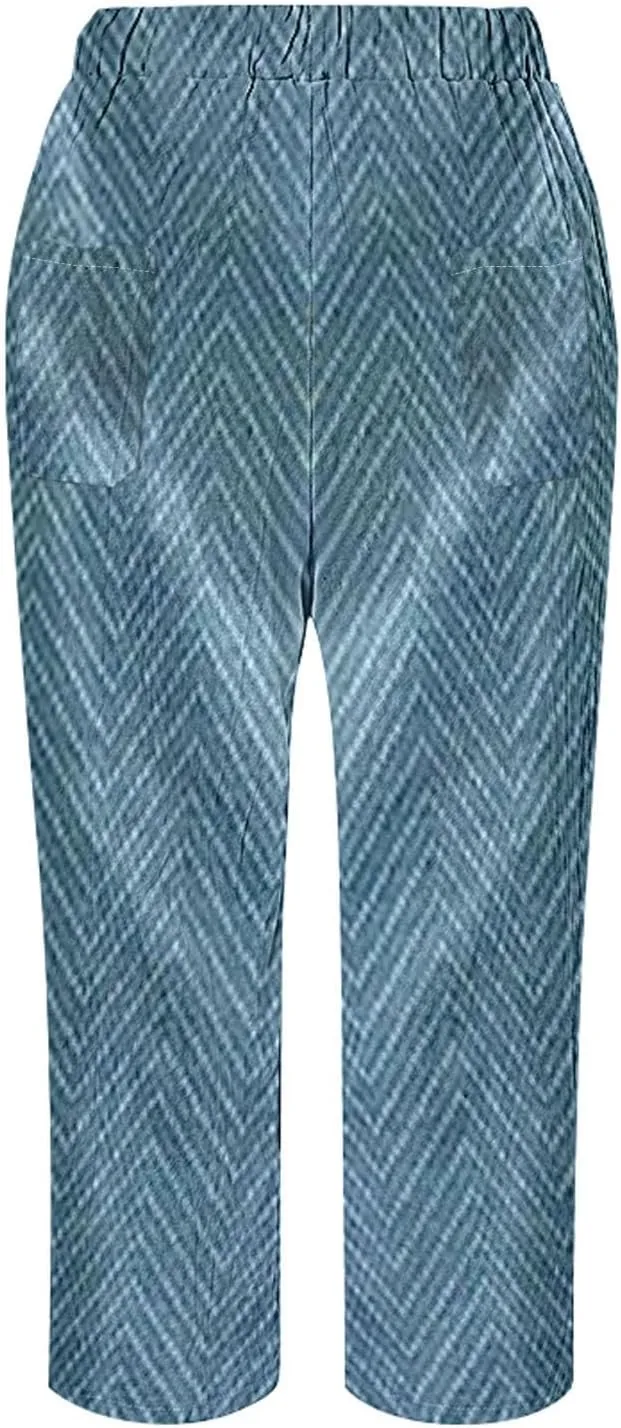 Women Linen Pants Waist Pants Drawstring Capri Pants with Pockets Wide Leg Cropped Pants for Women Lightweight Loose