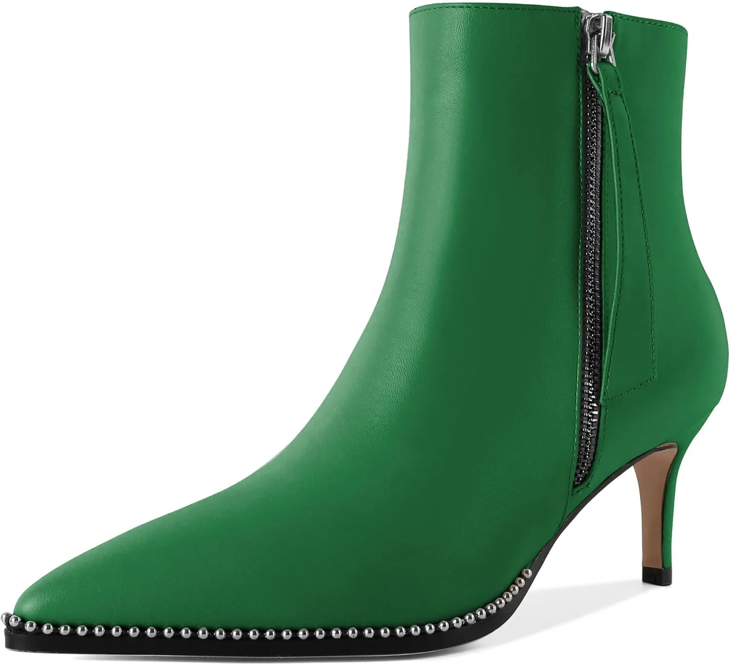 Women Low Heel Boots Pointed Toe with Beaded Short Boot Zipper Kitten Heel Booties 2.5 Inch
