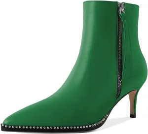 Women Low Heel Boots Pointed Toe with Beaded Short Boot Zipper Kitten Heel Booties 2.5 Inch
