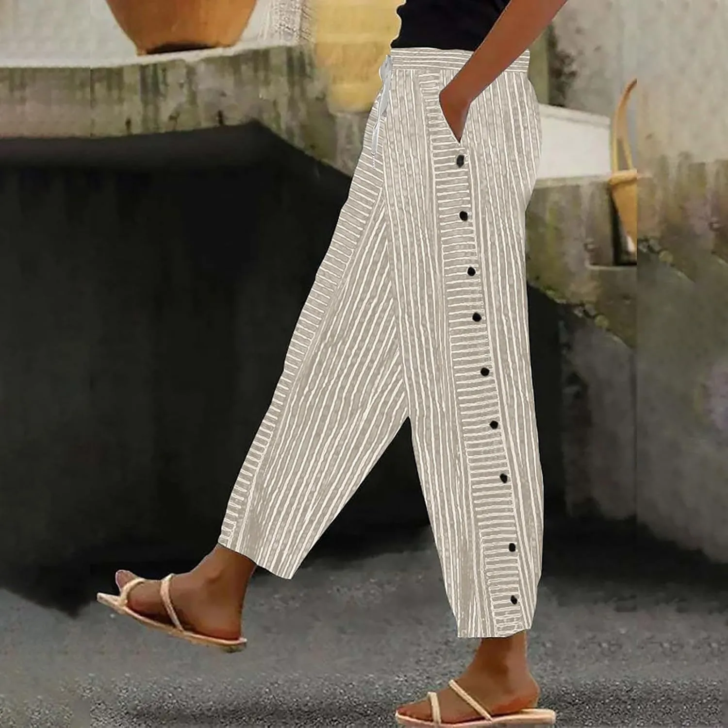Women Oversized Striped Cropped Pants Office Work Business Trendy High Waisted Trouser Sport Jogger Casual Sweatpants