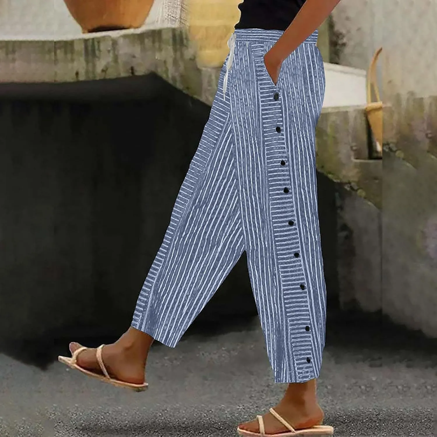 Women Oversized Striped Cropped Pants Office Work Business Trendy High Waisted Trouser Sport Jogger Casual Sweatpants